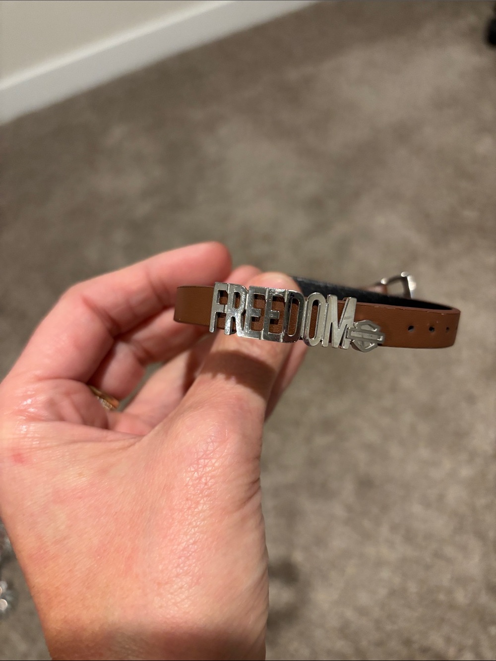 HD Freedom Brown Leather Bracelet with Silver Lettering